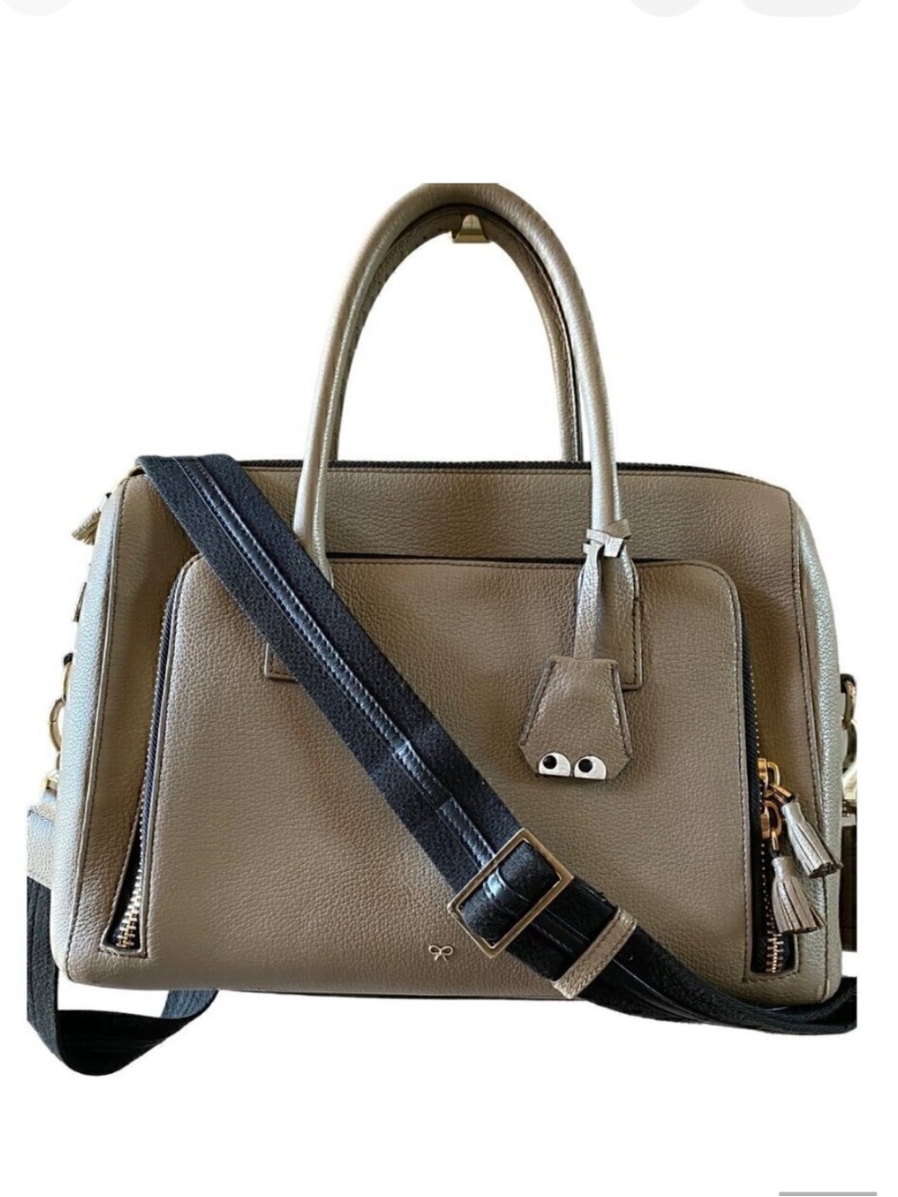 Anya Hindmarch Pebble Leather‎ Google Eyes Satchel Top Handle Bag Taupe Coral